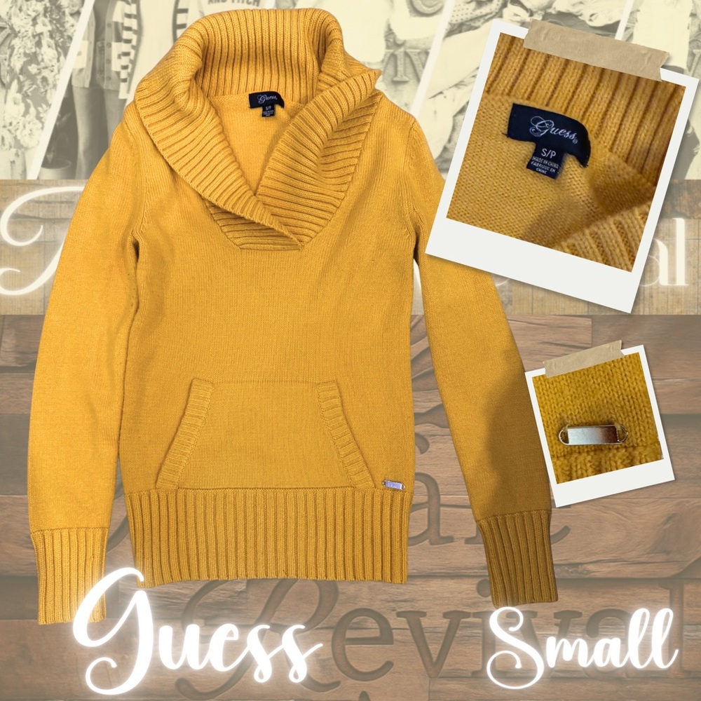 ✨ Y2K Vintage Guess Shawl Collar Cowl Sweater 💛 Mustard Gold Knit – Size Small